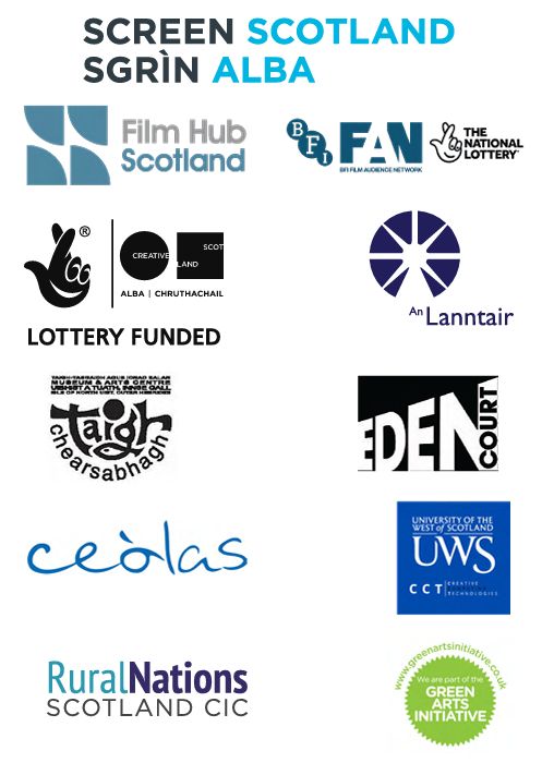 HIFF 2023 sponsors - Screen Scotland, Film Hub Scotland, BFI Lottery, An Lanntair, Taigh chearsabhaghn, Eden Court, ceolas, Rural nations, university of the West of Scotland, Green Arts Initiative 